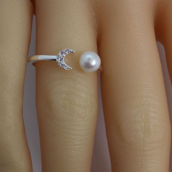 Wholesale Sterling Silver Freshwater Pearl and Moon CZ Stone Open Ring - Adjustable (1 Piece)