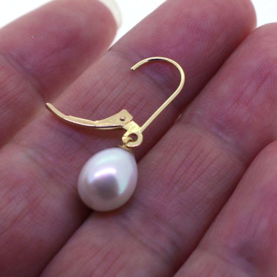 Wholesale 14K Yellow Gold White Freshwater Pearl Leverback Earrings-Teardop Pearls