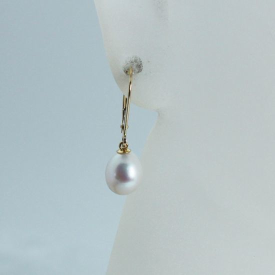 Wholesale 14K Yellow Gold White Freshwater Pearl Leverback Earrings-Teardop Pearls