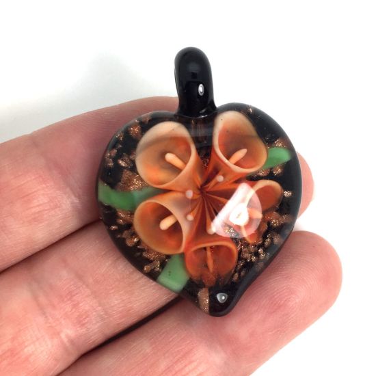 Wholesale Art Glass Pendant- Heart Shape - Orange Flower -35mm (3pcs)