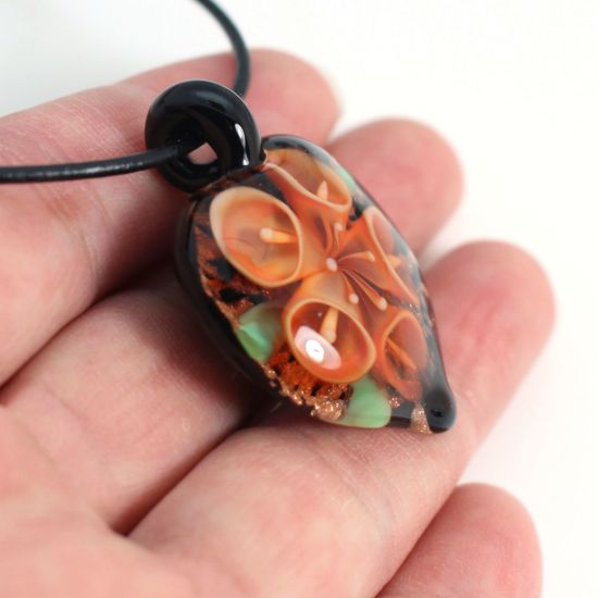 Wholesale Art Glass Pendant- Heart Shape - Orange Flower -35mm (3pcs)