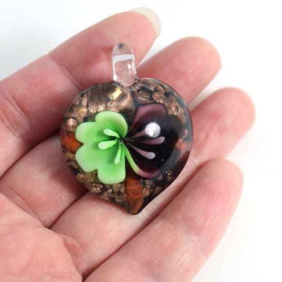 Wholesale Art Glass Pendant- Heart Shape - Purple Green Flower -35mm