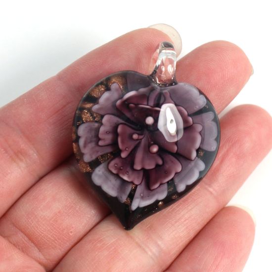 Wholesale Art Glass Pendant- Heart Shape - Purple Flower -39mm