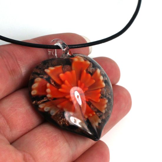 Wholesale Art Glass Pendant- Heart Shape - Big Orange Flower -40mm