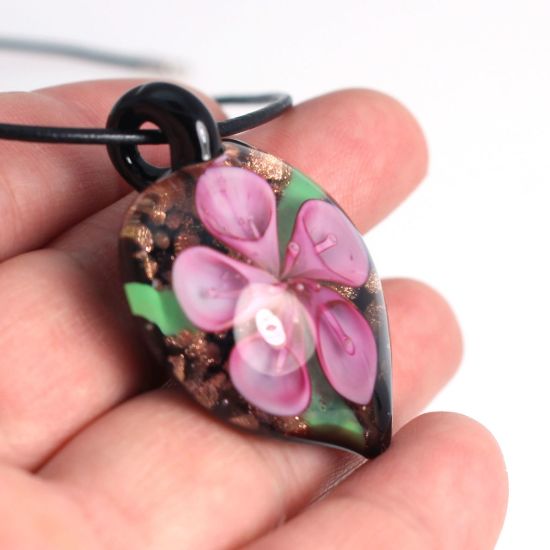 Wholesale Art Glass Pendant- Heart Shape - Pink Flower -38mm