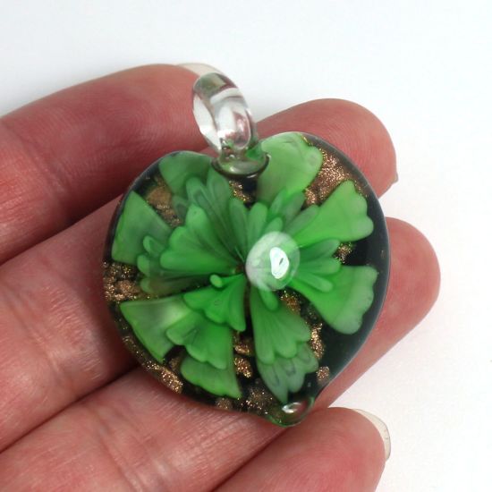 Wholesale Art Glass Pendant- Heart Shape - Big Green Flower -37mm