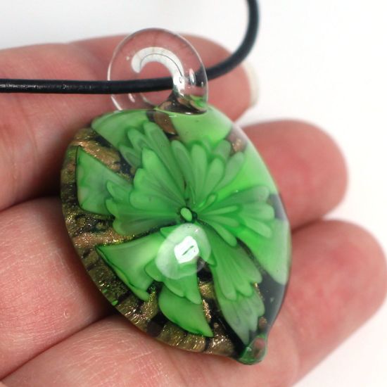 Wholesale Art Glass Pendant- Heart Shape - Big Green Flower -37mm