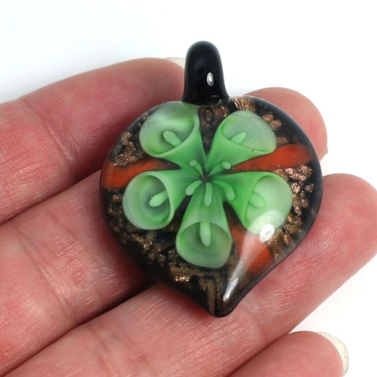 Wholesale Art Glass Pendant- Heart Shape - Green Flower -38mm