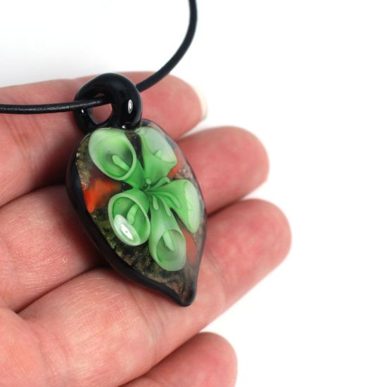 Wholesale Art Glass Pendant- Heart Shape - Green Flower -38mm
