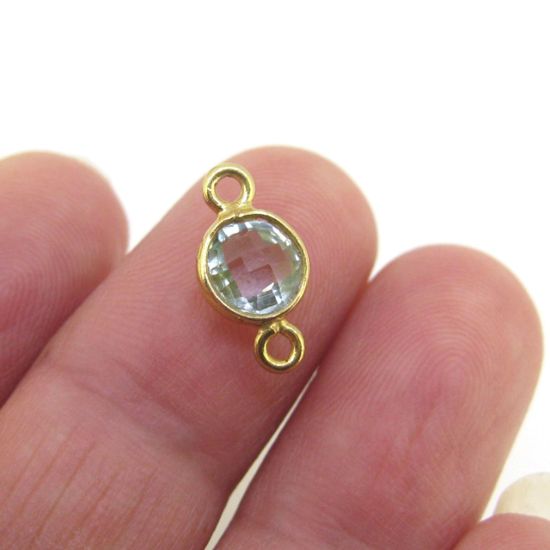 Wholesale Gold over Sterling Silver Bezel Gemstone Connectors- 6mm Faceted Coin Shape - Aqua Quartz- March Birthday