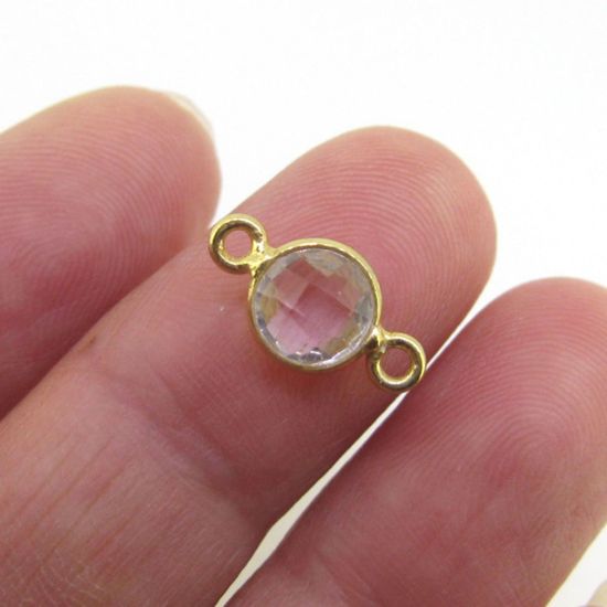 Wholesale Gold over Sterling Silver Bezel Gemstone Connectors- 6mm Faceted Coin Shape - Crystal Quartz- April Birthstone