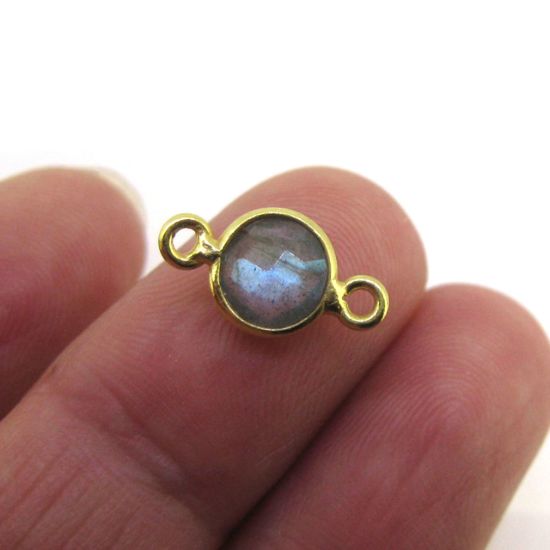 Wholesale Gold over Sterling Silver Bezel Gemstone Connectors- 6mm Faceted Coin Shape - Labradorite