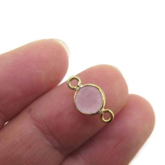 Wholesale Gold over Sterling Silver Bezel Gemstone Connectors- 6mm Faceted Coin Shape - pink chalcedony