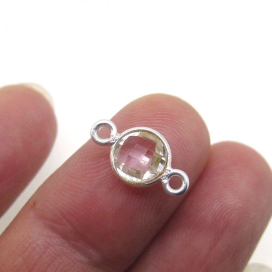 Wholesale Sterling Silver Bezel Gemstone Connectors- 6mm Faceted Coin Shape - Crystal Quartz- April Birthstone