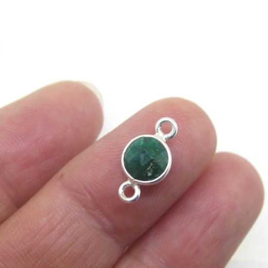 Wholesale Sterling Silver Bezel Gemstone Connectors- 6mm Faceted Coin Shape - Emerald- May Birthstone