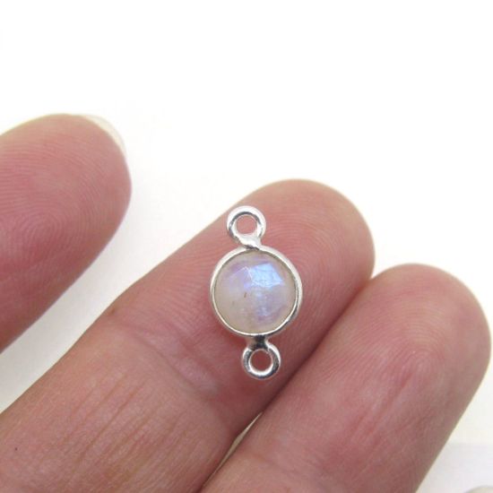 Wholesale Sterling Silver Bezel Gemstone Connectors- 6mm Faceted Coin Shape - Moonstone- June Birthstone