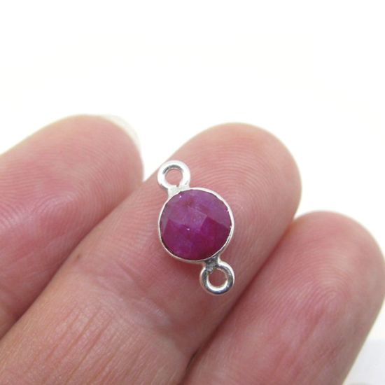 Wholesale Sterling Silver Bezel Gemstone Connectors- 6mm Faceted Coin Shape - Ruby- July Birthstone