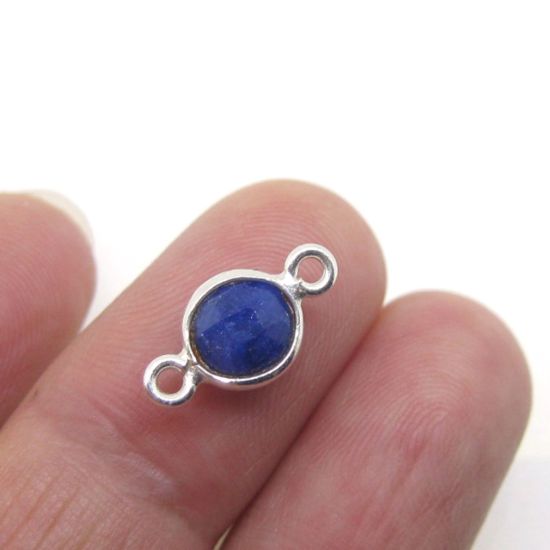 Wholesale Sterling Silver Bezel Gemstone Connectors- 6mm Faceted Coin Shape - Blue Sapphire- September Birthstone