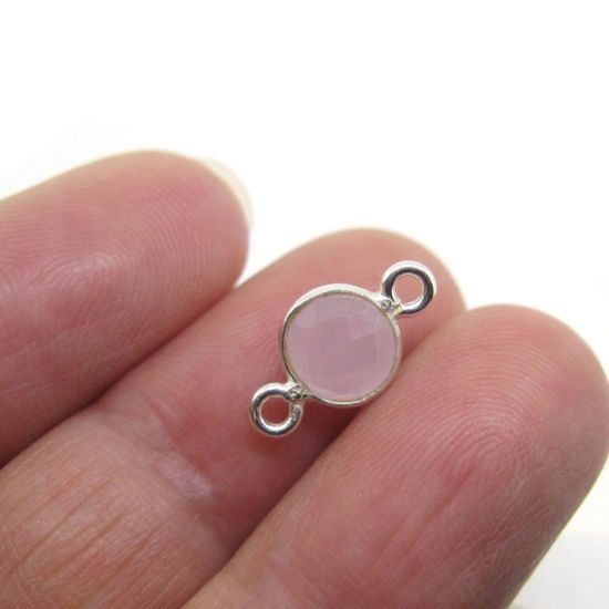 Wholesale Sterling Silver Bezel Gemstone Connectors- 6mm Faceted Coin Shape - Pink Chalcedony