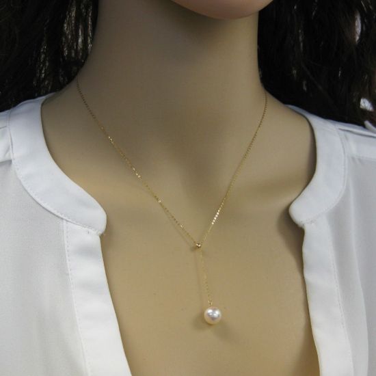 Wholesale 18K Yellow Gold White Akoya Pearl Pendant Necklace - Adjustable up to 17.5"