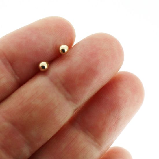 14K Yellow Gold Plain Ball Earring Studs with Push Backs (3mm)
