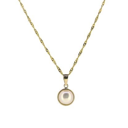 Wholesale Solid 14K Yellow Gold  Bezel White Freshwater Pearl Necklace - 16"
