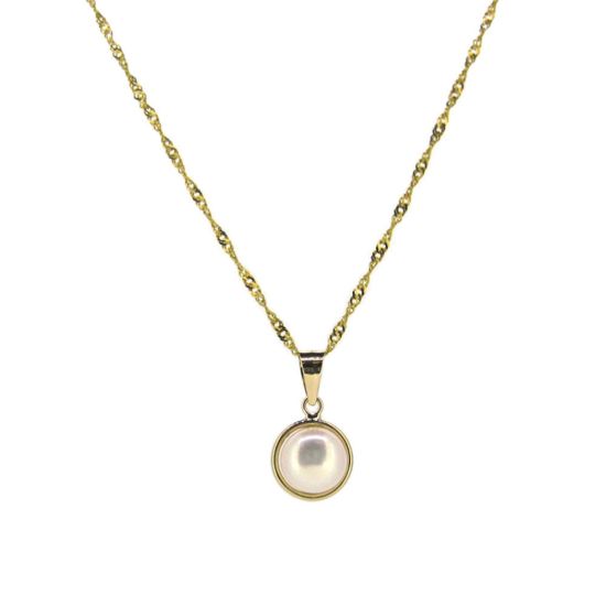 Wholesale Solid 14K Yellow Gold  Bezel White Freshwater Pearl Necklace - 16"