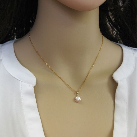 Wholesale Solid 14K Yellow Gold  Bezel White Freshwater Pearl Necklace - 16"