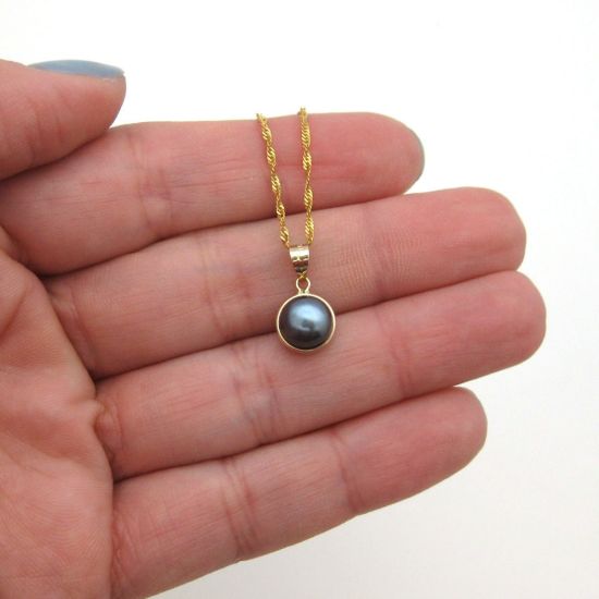Wholesale Solid 14K Yellow Gold  Bezel Peacock Color Freshwater Pearl Necklace - 16"