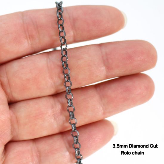 Wholesale Dark Oxidized Sterling Silver Finished Chain - 3.5mm Diamond Cut Rolo Chain