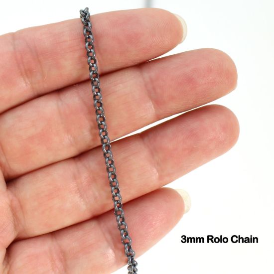 Wholesale Dark Oxidized Sterling Silver Finished Chain - 3mm Rolo Chain