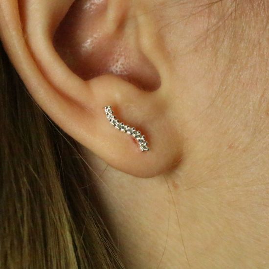 Sterling Silver Simple Curved Bar Earring Studs With CZ  -12mm (1 pair)