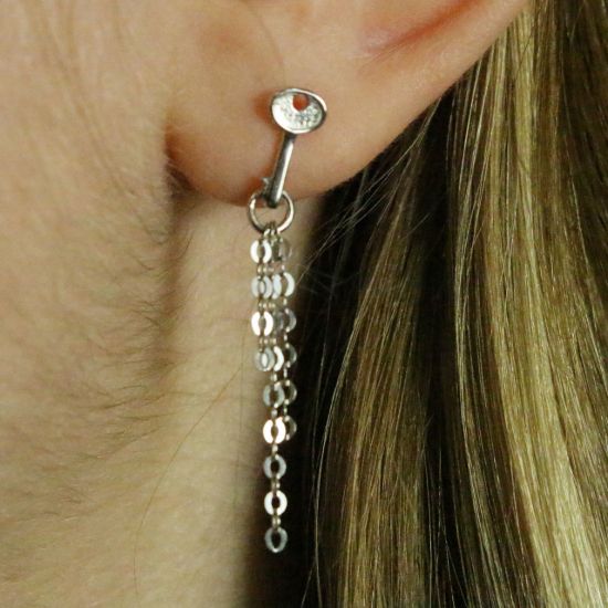 Wholesale Rhodium plated Sterling Silver Earrings-Key and Lock Tassel Earrings (Sold Per Pair)