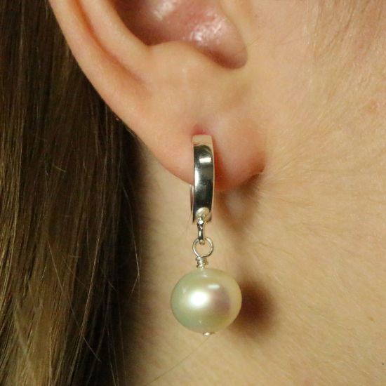 Wholesale Sterling Silver Thick Hoop White Freshwater Pearl Earrings