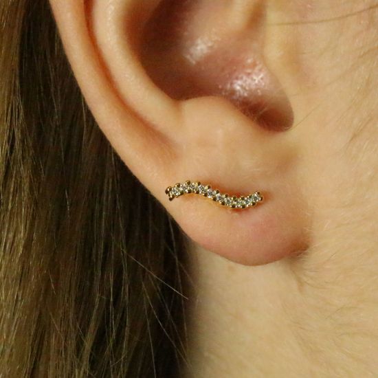 Gold over Sterling Silver Simple Curved Bar Earring Studs With CZ  -12mm (1 pair)