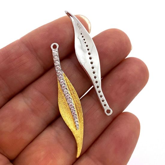 Wholesale Gold over Sterling Silver Two Tone Feather Charm with CZ stone-40mm 