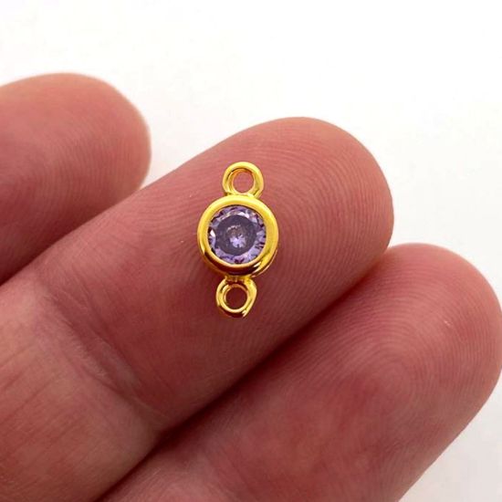 Wholesale Gold over Sterling Silver Fancy Bezel Birthstone Connector- 4mm Tiny Round Connector with CZ Stone Grade AAAA