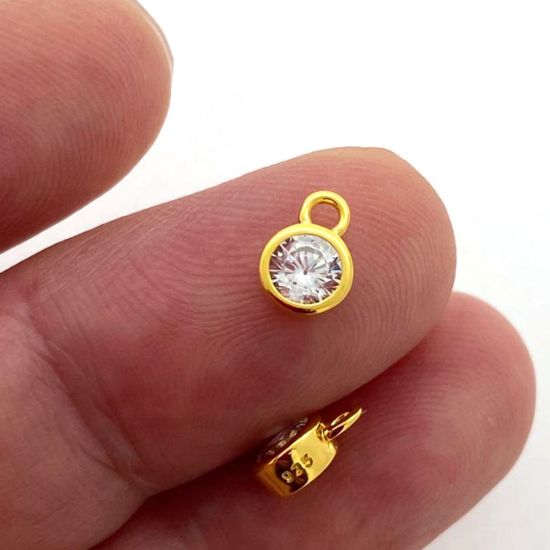 Wholesale Gold over Sterling Silver Fancy Bezel Birthstone Charm Pendant - 4mm Tiny Round Charm with CZ Stone Grade AAAA