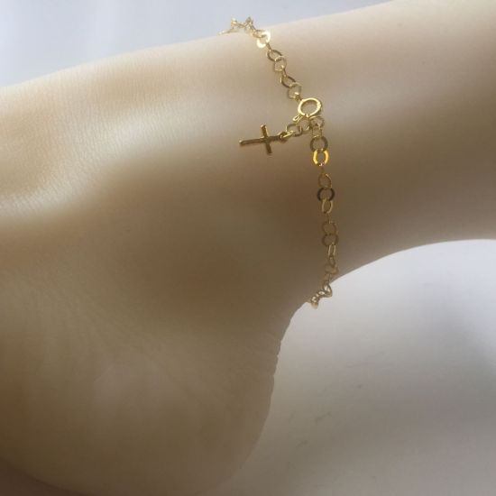 Wholesale Gold over Sterling Silver Finished Adjustable Chain Bracelet and Anklet with Cross - 3.5mm Round Flat Cable Chain