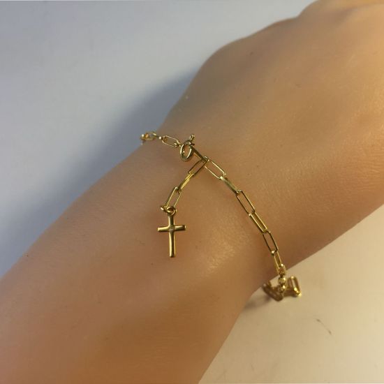 Wholesale Gold over Sterling Silver Finished Adjustable Chain Bracelet and Anklet  with cross-  Long Box Paper Clip Chain