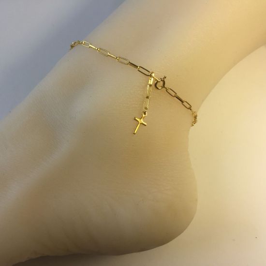 Wholesale Gold over Sterling Silver Finished Adjustable Chain Bracelet and Anklet  with cross-  Long Box Paper Clip Chain