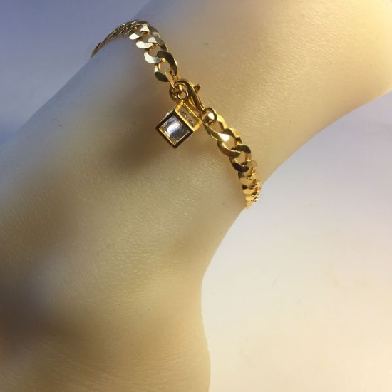 Wholesale Gold over Sterling Silver Finished Adjustable Chain Bracelet and Anklet  -Chunky Curb Chain with Diamond Cube