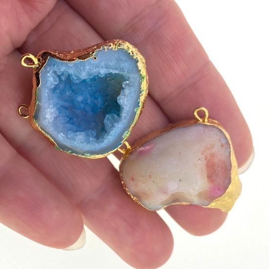 Wholesale Druzy Agate Geode Connector Pendant,  Pink or Blue Nature Agate Gold Edging Small Geode Pendant