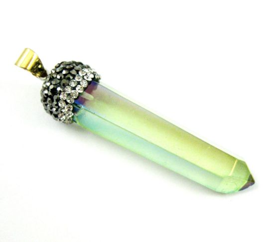 Wholesale Natural Titanium Crystal Pendulum, Zircon Pave Pendant with Gold plated Stainless Steel Bail