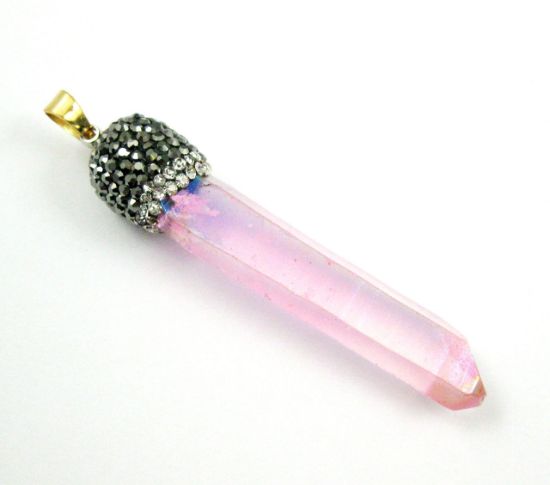Wholesale Natural Titanium Crystal Pendulum, Zircon Pave Pendant with Gold plated Stainless Steel Bail