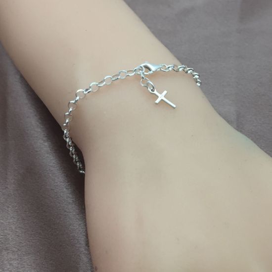 Wholesale Sterling Silver Finished Adjustable Chain Bracelet and Anklet with Cross- Diamond Cut Rolo Chain