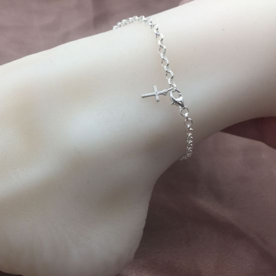 Wholesale Sterling Silver Finished Adjustable Chain Bracelet and Anklet with Cross- Diamond Cut Rolo Chain