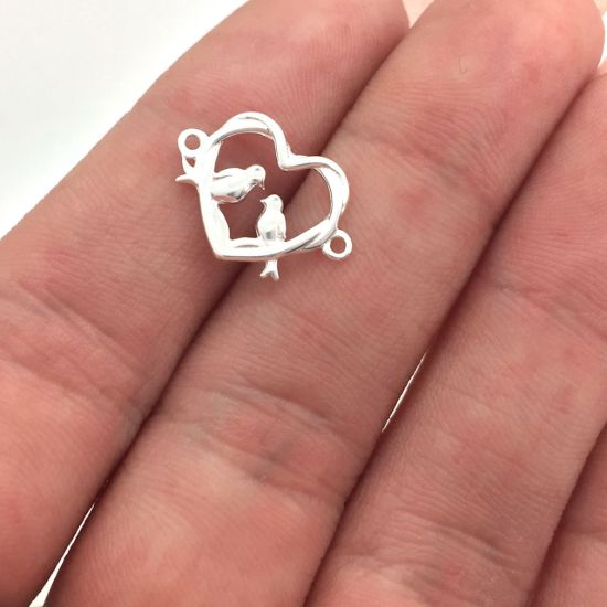 .925 Sterling Silver Twisted Branch Heart Connector Charm with Birds