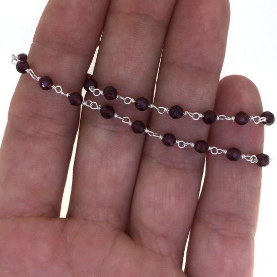 Wholesale Sterling Silver  Genuine Garnet Rosary Chain By the Foot- 3mm Round Faceted Beads  