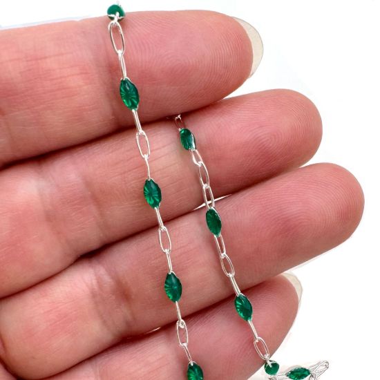 Wholesale Sterling Silver Necklace Chain-Long Box -1+3 Paperclip Emerald Enamel Chain